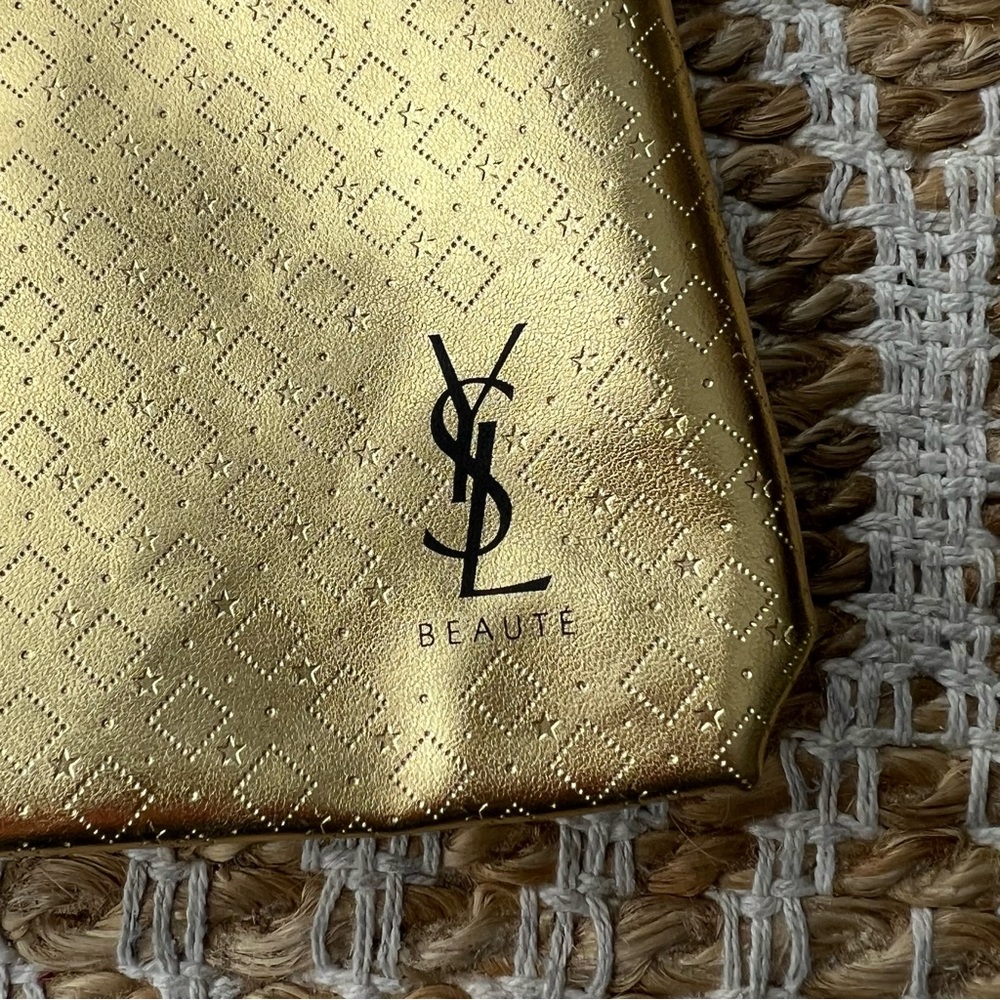 YSL Makeup Cosmetic Bag Zip Laser Cut Metallic Gold Logo Beaute - Picture 4 of 4